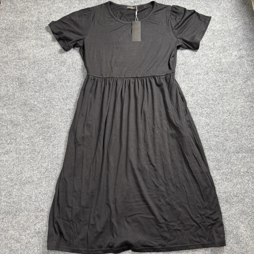 Fantaslook Black Empire Waist Summer Dress NWT Short Sleeve Pocket Midi Size L‎